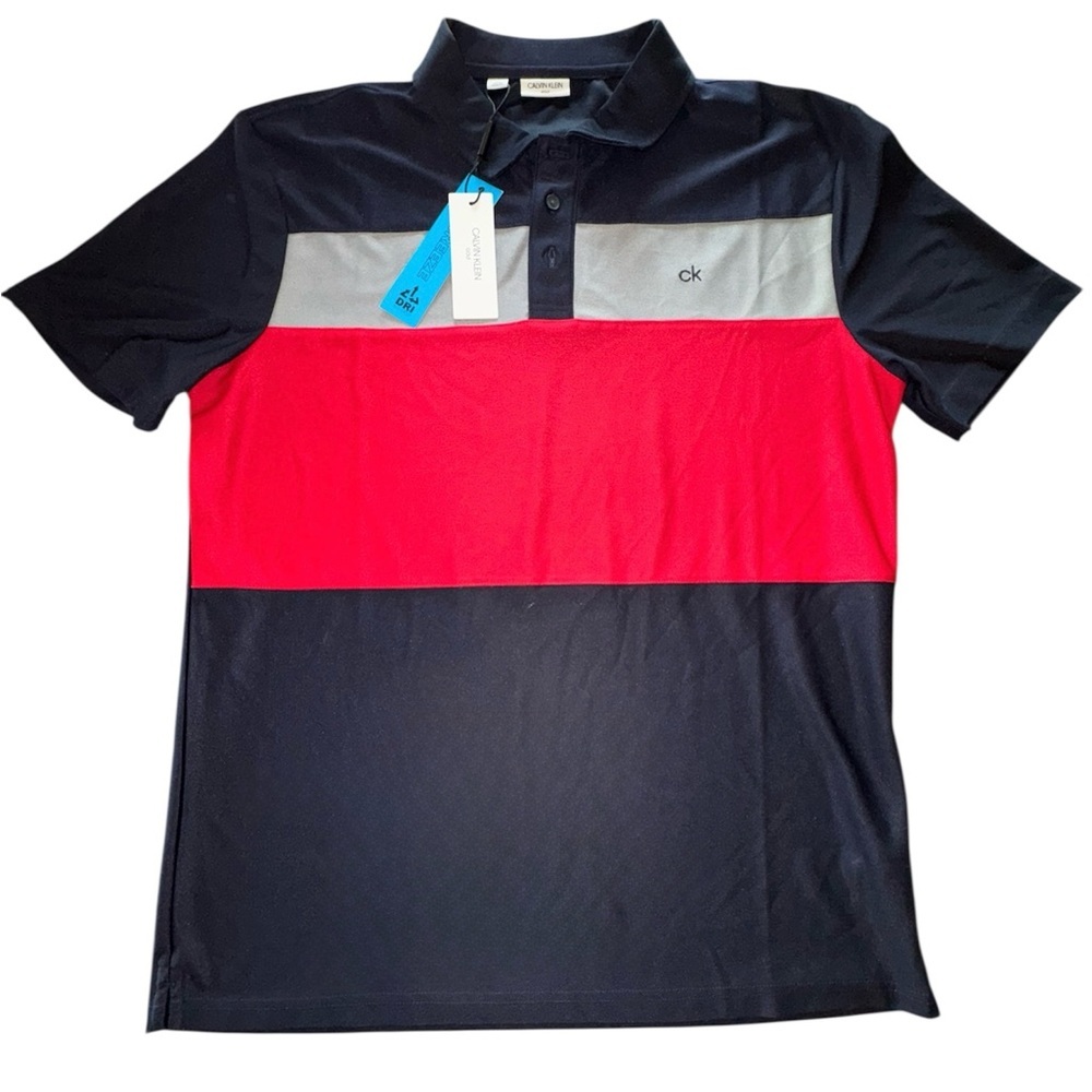 NWT Calvin Klein Golf Navy, Red, and Gray Striped Polo Shirt Modern Design L